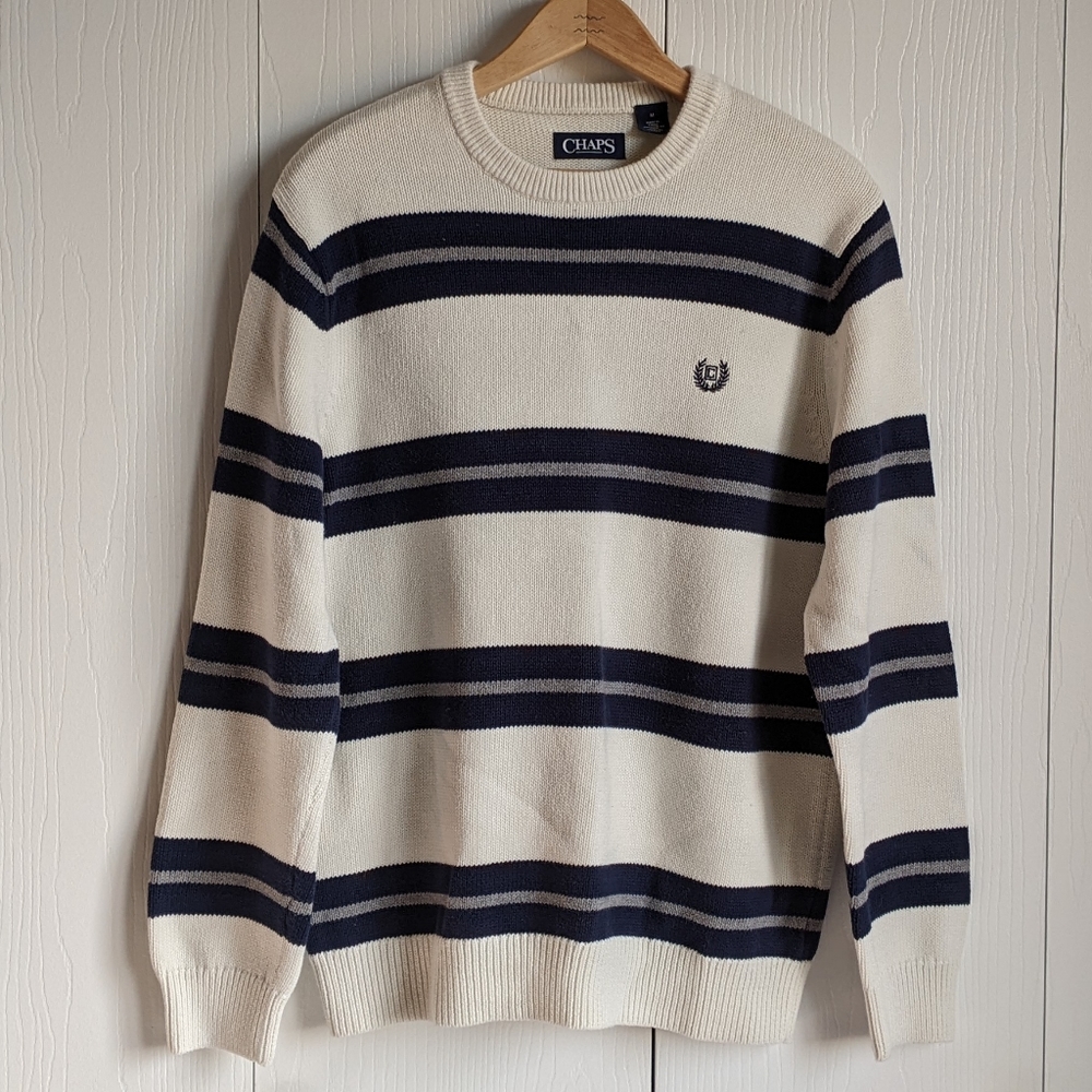 Chaps Men's Ralph Lauren Cream Navy Striped Long Sleeve Knit Pullover Sweater M